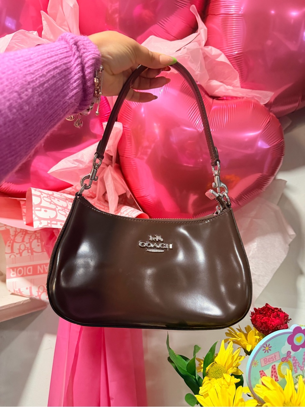 Coach mini terry maple Dark Brown Patent Leather Shoulder Bag with Silver Logo